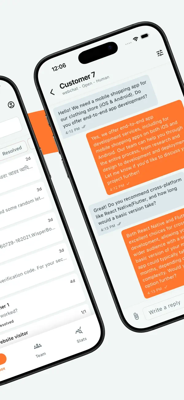 WisperBot agent app conversation view on a phone showing a customer chat with the AI/Human switch and reply options
