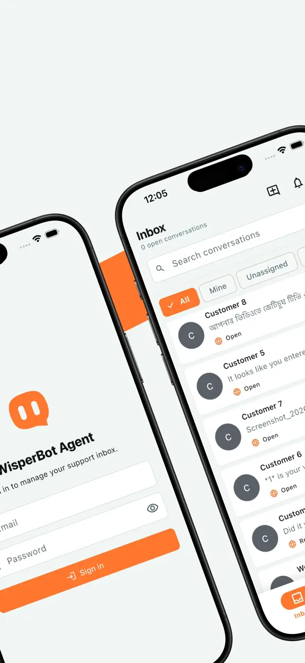 WisperBot agent app inbox on a phone, listing conversations from different channels in one list