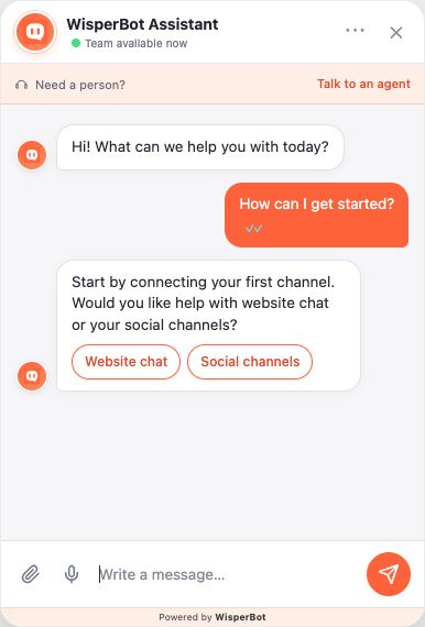 WisperBot website chat widget showing starter questions, an AI answer and a 'Need a person? Talk to an agent' option