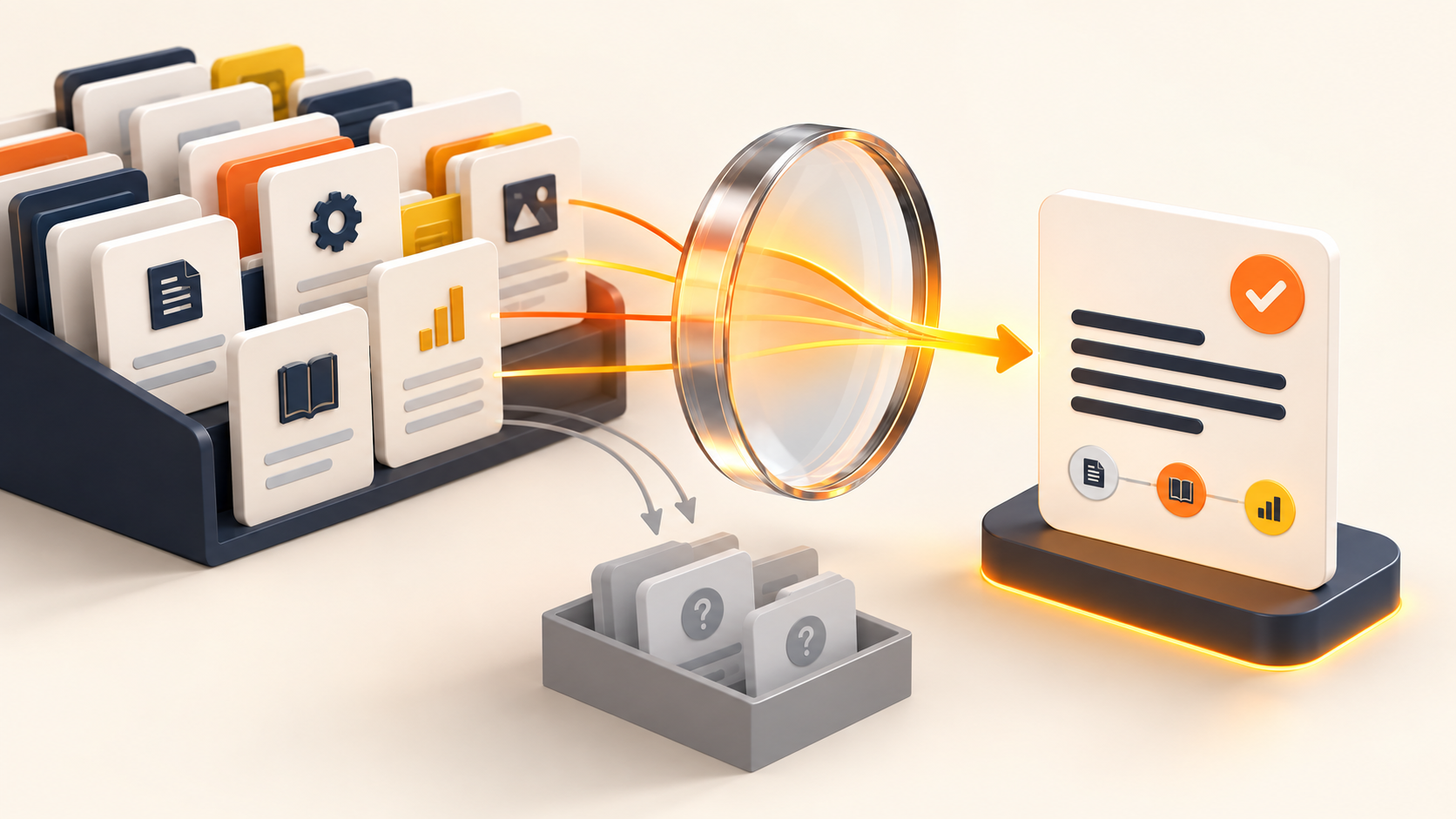 Approved knowledge documents filtered into a precise answer with sources and uncertainty held back
