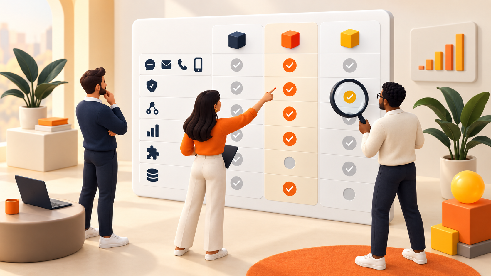 Business team comparing customer messaging platforms with a capability scorecard