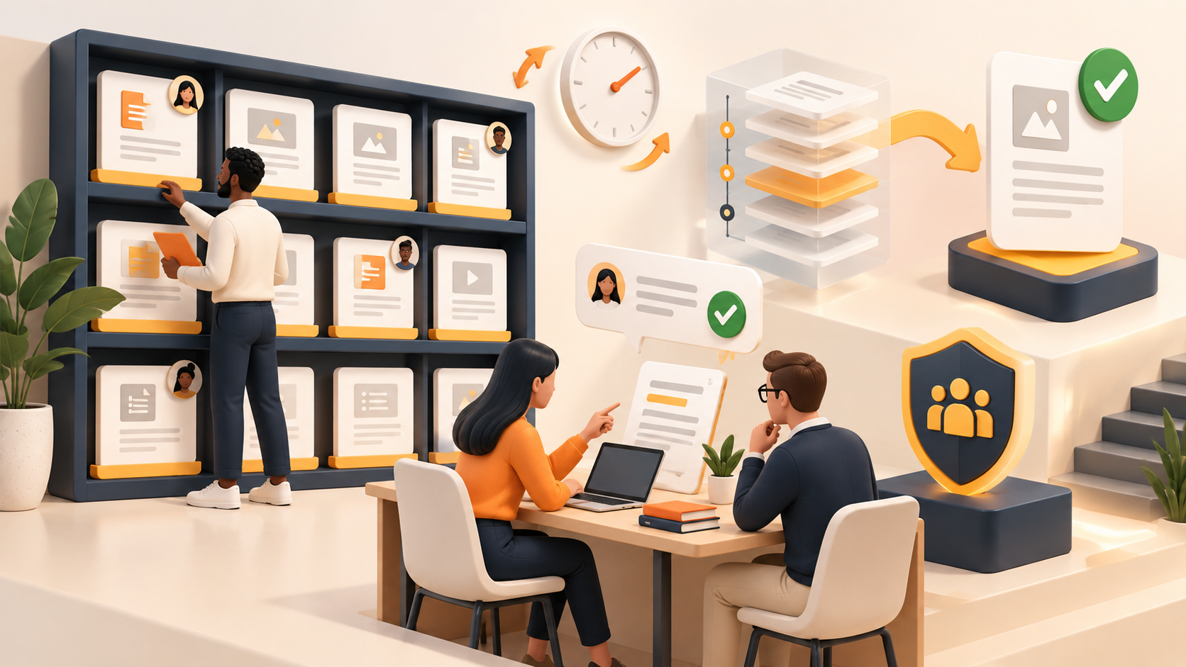 Support team reviewing an organized knowledge library with ownership, versions and publishing approval