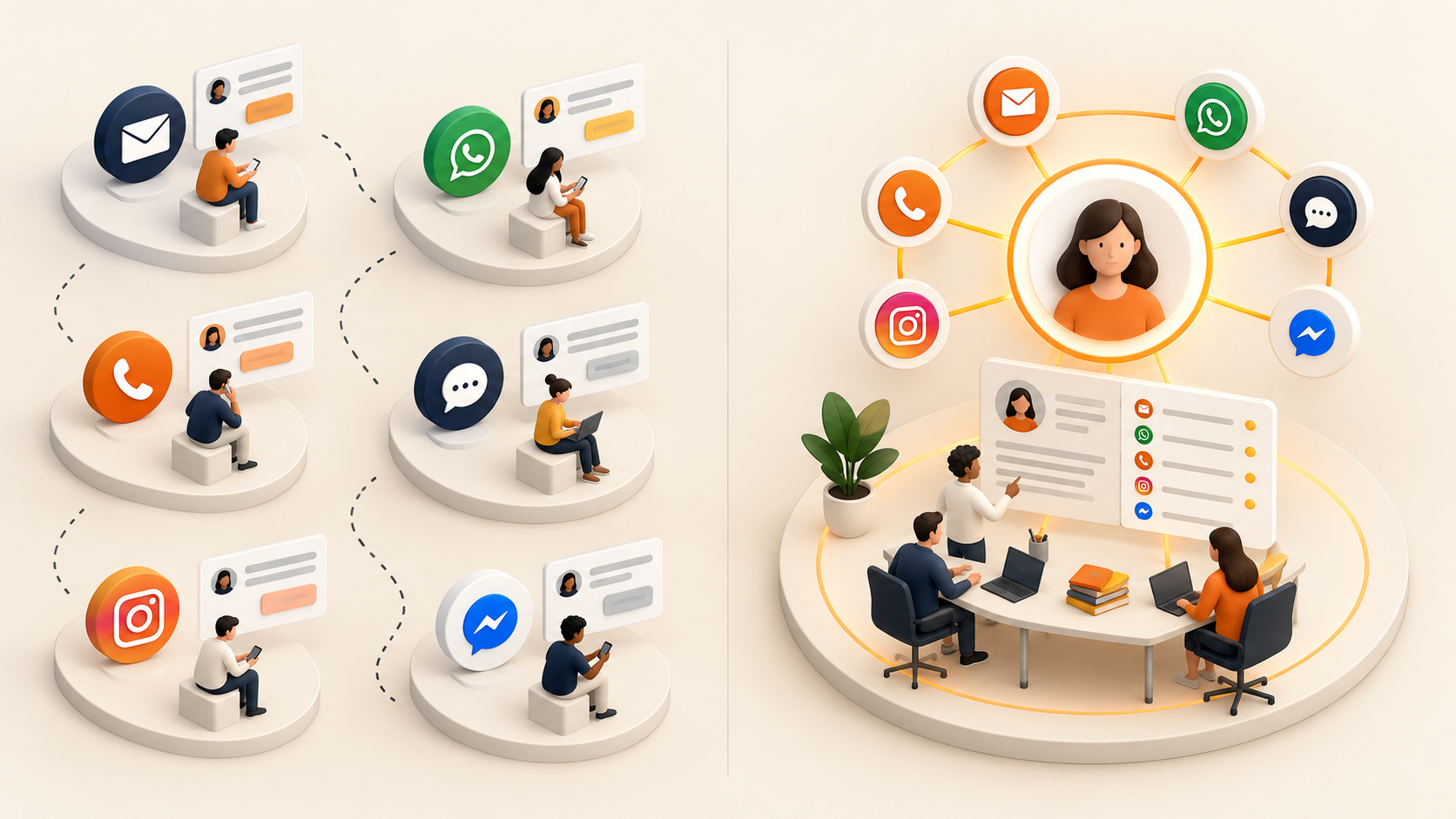 Disconnected support channels compared with one unified omnichannel customer workspace