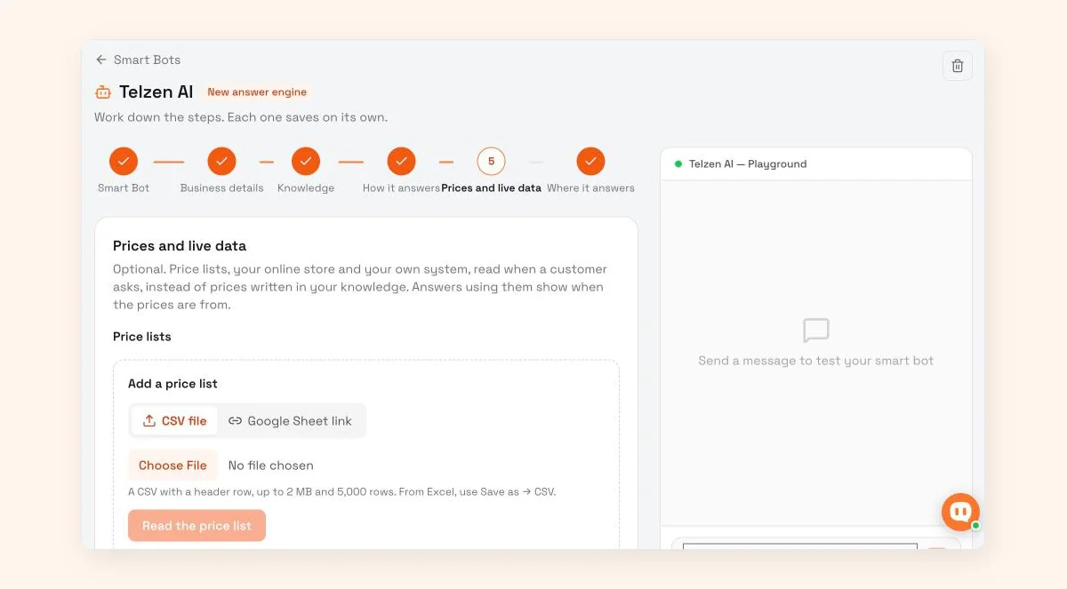 WisperBot Smart Bot setup on the Prices and live data step, with options to add a price list as a CSV file or a Google Sheet link, up to 2 MB and 5,000 rows