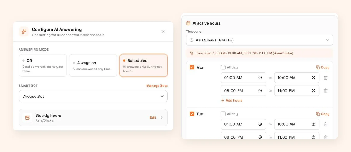 WisperBot's Configure AI Answering panel with Off, Always on and Scheduled modes, next to the weekly schedule editor showing two AI time windows on Monday and Tuesday in the Asia/Dhaka timezone