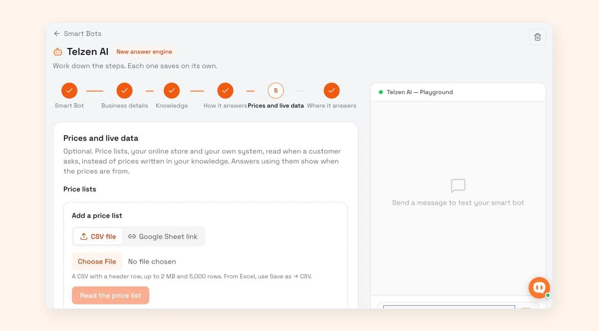 WisperBot Smart Bot Prices and live data step, where a Page adds a price list by CSV file or Google Sheet link for automatic price replies