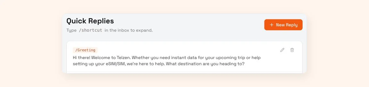 WisperBot Quick Replies page, where a saved reply is inserted in the inbox by typing its /shortcut