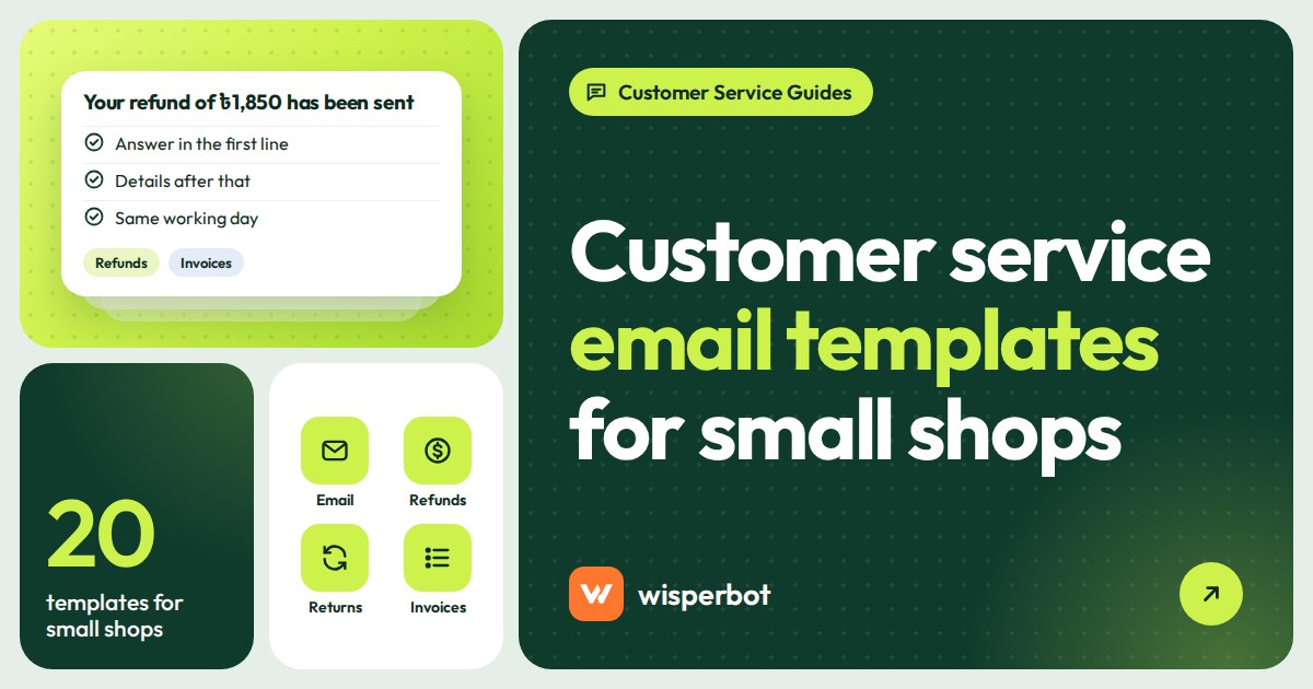 Cover image reading customer service email templates for small shops, 20 templates and when to move to chat