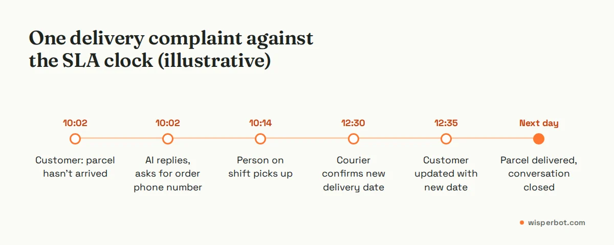 Timeline of one delivery complaint against SLA targets: message at 10:02, AI first reply at 10:02, person picks up at 10:14, courier update at 12:30, customer updated at 12:35, parcel delivered next day