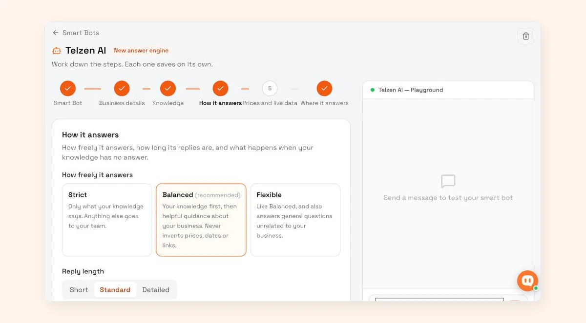WisperBot Smart Bot setup on the How it answers step, showing the Strict, Balanced (recommended) and Flexible options and the reply length setting