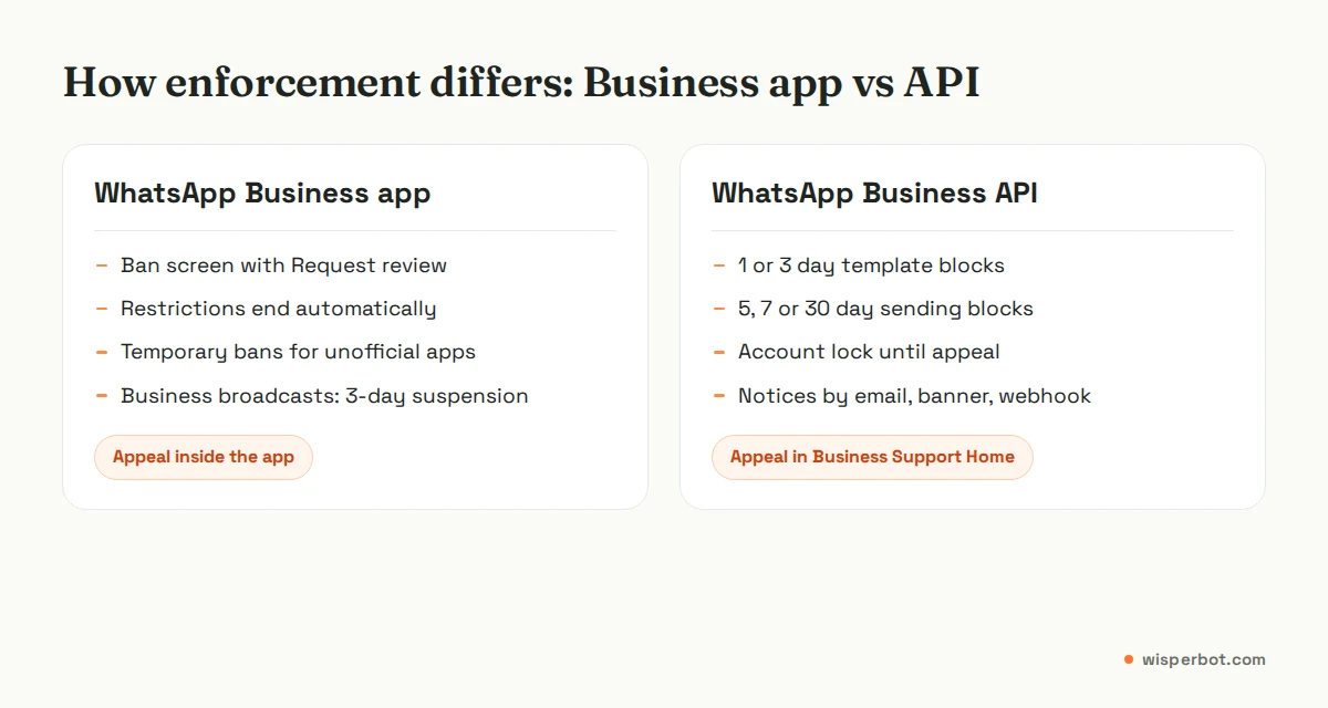 Comparison of enforcement on the WhatsApp Business app and the WhatsApp Business API: ban message and in-app review versus timed blocks, account locks and appeals in Business Support Home