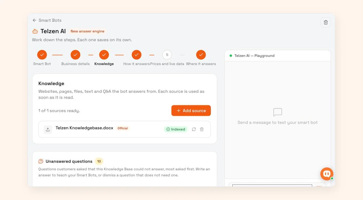WisperBot Smart Bot Knowledge step with an official knowledge source and the Unanswered questions panel, which lists questions the bot could not answer, most asked first