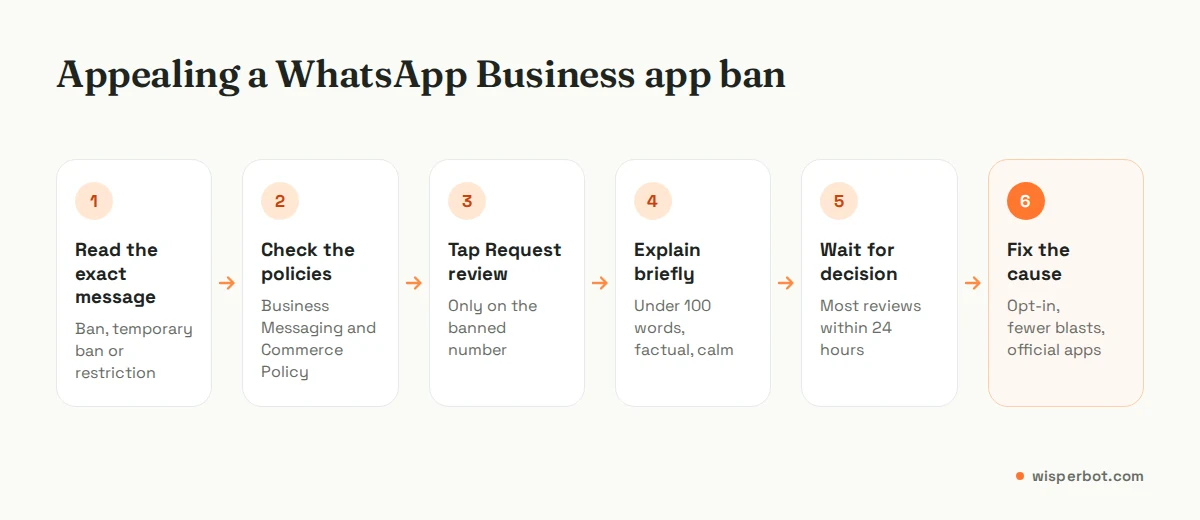Flow diagram of a WhatsApp Business ban appeal: read the exact message, check the policy, tap Request review, explain briefly, wait for the in-app decision, then fix the cause