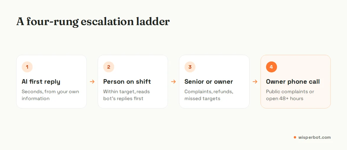 Escalation ladder for a small team: AI first reply, person on shift, senior or owner, owner phone call, with the trigger for each step