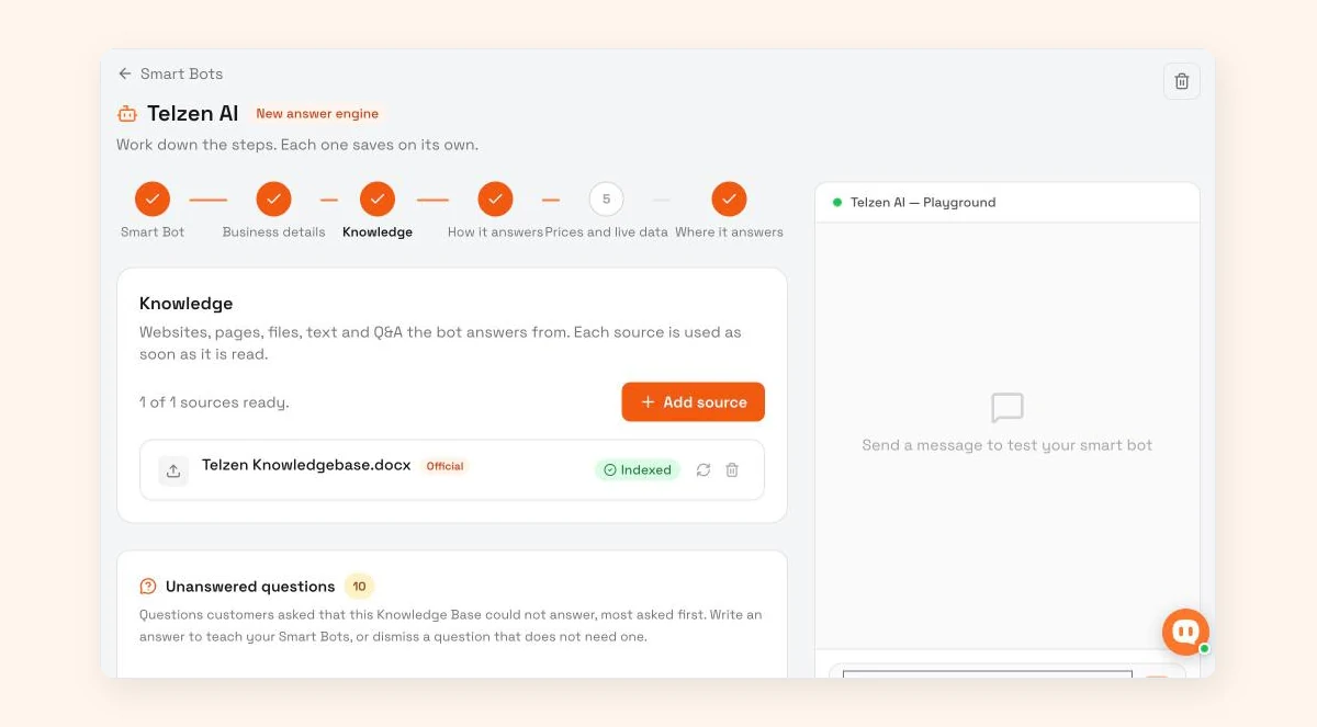 WisperBot Smart Bot knowledge step showing the Unanswered questions panel, listing customer questions the bot could not answer, most asked first