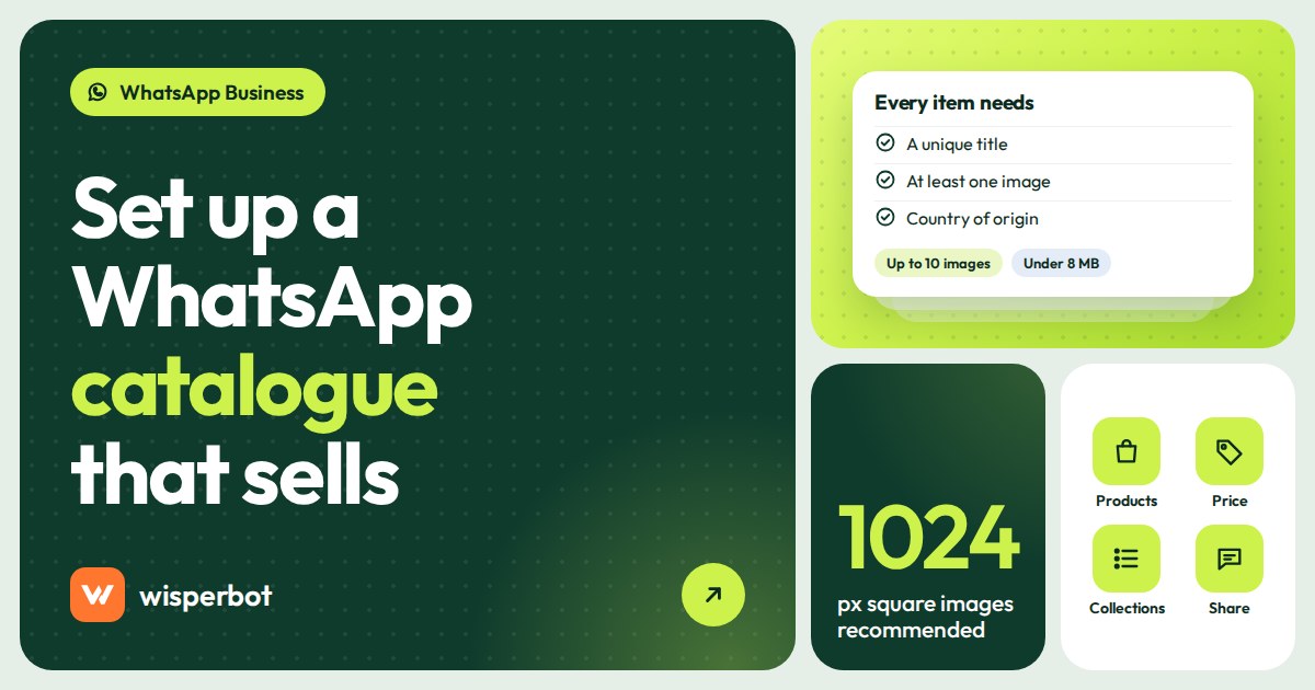 Cover image reading set up a WhatsApp catalogue that sells, with image sizes and tips
